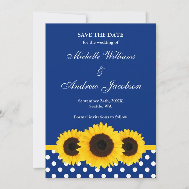 Sonnenblumenblau und weißer Polka-Punkt Save the D Save The Date (Vorderseite)