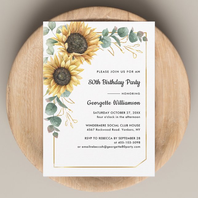 Sonnenblumenblume 80. Geburtstagsparty Einladung (Sunflower Eucalyptus Floral 80th Birthday Party Invitation)