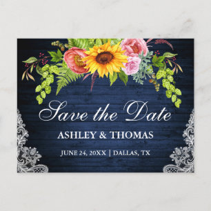 Sonnenblumenblume Blaue Holzspitze Save the Date Einladungspostkarte