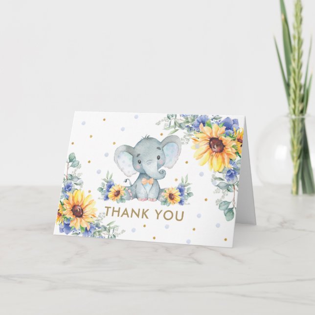 Sonnenblumenblume Elephant Baby Dusche Dankeskarte (Vorderseite)