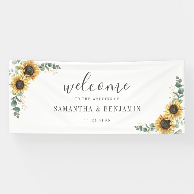 Sonnenblumenblume Eukalyptus Script Hochzeit Banner (Horizontal)