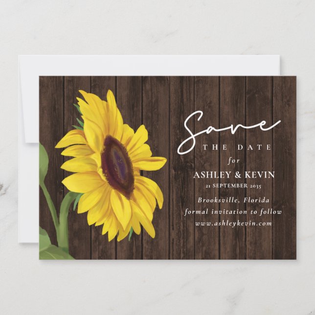Sonnenblumenblume über der Hochzeit von Holz Save The Date (Vorderseite)