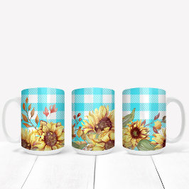 Sonnenblumendesign und blaues, kariertes Muster Kaffeetasse