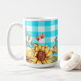 Sonnenblumendesign und blaues, kariertes Muster Kaffeetasse