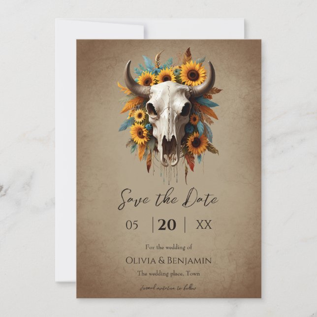 Sonnenblumenfeder Mutterkuh Hochzeitskuh Save The Date (Vorderseite)