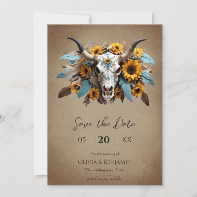 Sonnenblumenfeder Mutterkuh Hochzeitskuh Save The Date (Vorderseite)