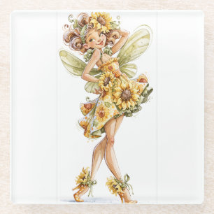 Sonnenblumenfee in einem fließenden Blumenkleid Glasuntersetzer