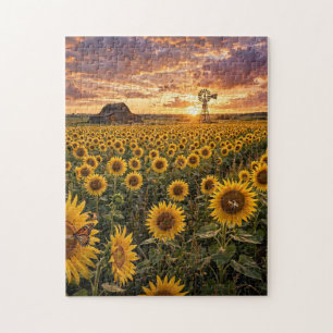 Sonnenblumenfeld bei Sonnenuntergang Puzzle