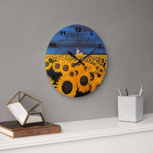 Sonnenblumenfeld Gemälde von Alfred Fox Große Wanduhr
