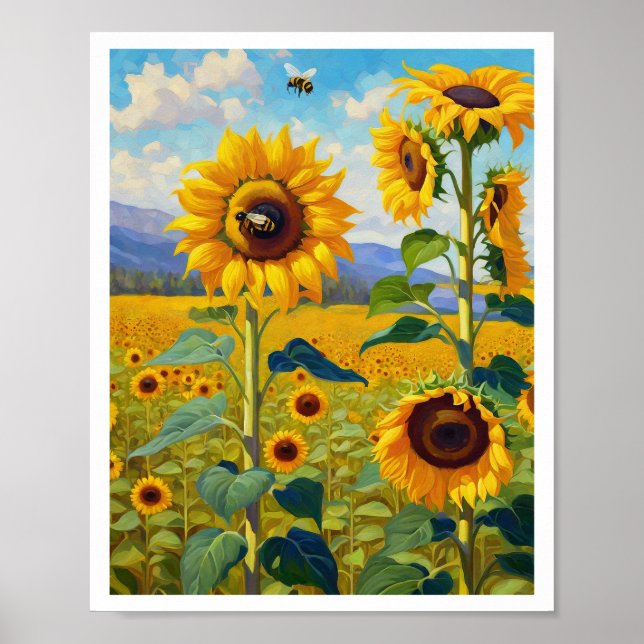 Sonnenblumenfeld mit belebten Bienen Art 8x10 Poster (Vorne)