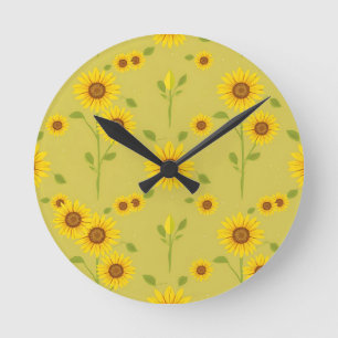 Sonnenblumenfeld-Muster Rustikal Olivgrün Runde Wanduhr