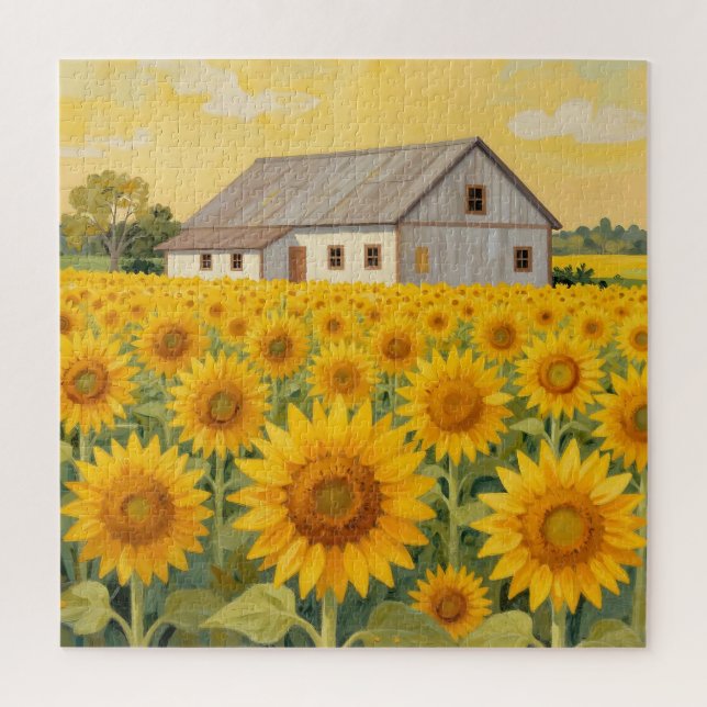 Sonnenblumenfeld Rustikale Scheunenlandschaft Puzzle (Vertikal)