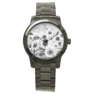 Sonnenblumenfeld - schwarz, weiß und grau armbanduhr