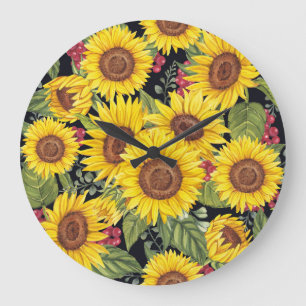 Sonnenblumenfeld: schwarzer Hintergrund Große Wanduhr