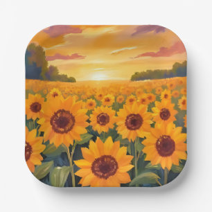 Sonnenblumenfeld-Sonnenuntergang-Landschaftsmalere Pappteller