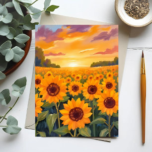 Sonnenblumenfeld-Sonnenuntergangs-Landschaftsgemäl Postkarte