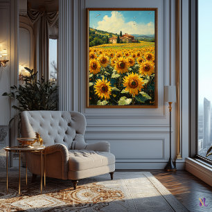 Sonnenblumenfeld und toskanisches Cottage Impressi Poster