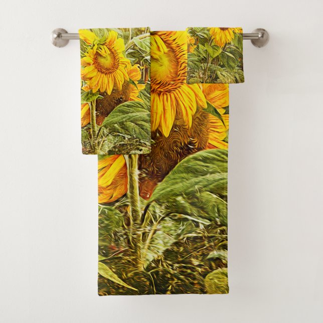 Sonnenblumenfeld Vintages Gelbes Gelb Badhandtuch Set (Insitu)