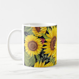 Sonnenblumenfeld: Wasserfarbe schwarzer Hintergrun Kaffeetasse