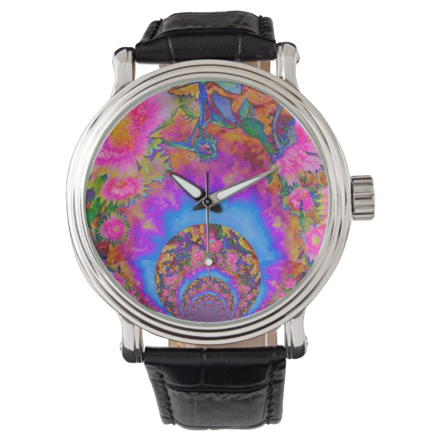 Sonnenblumenfelder für immer Mandala Armbanduhr (Vorderseite)