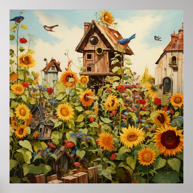 Sonnenblumengarten 11 Vogelhäuser Blaue Vögel Poster (Vorne)