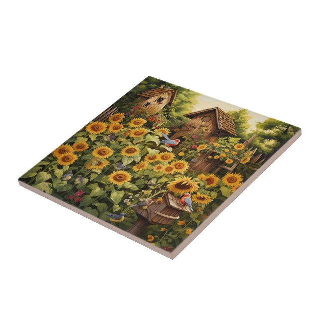 Sonnenblumengarten 12 Vogelhäuser Blaue Vögel Fliese (Seite)