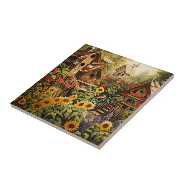 Sonnenblumengarten 13 Vogelhäuser Blaue Vögel Fliese (Seite)