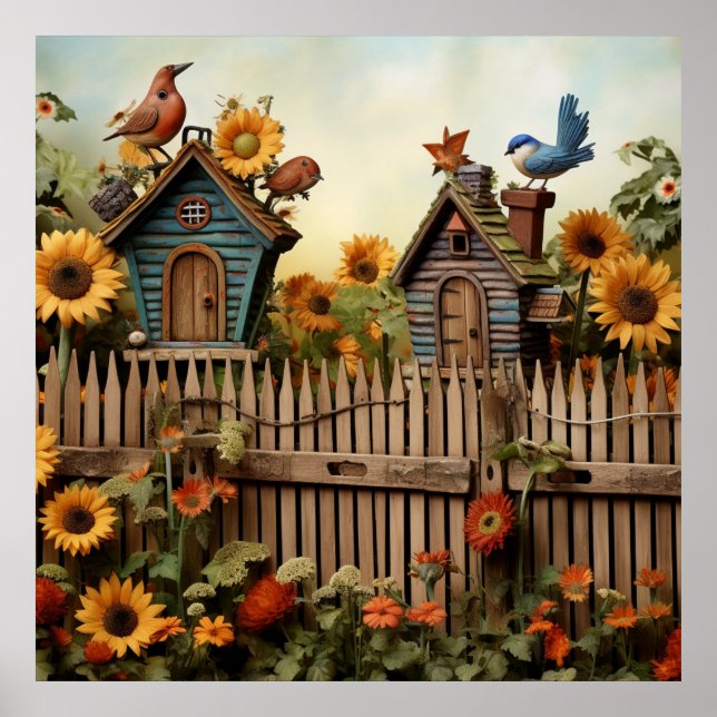 Sonnenblumengarten 7 Vogelhäuser Blaue Vögel Poster (Vorne)