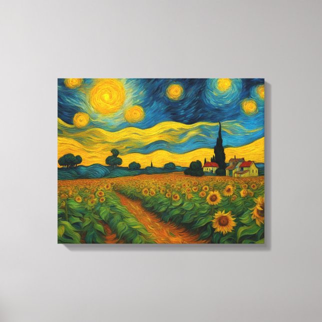 Sonnenblumengarten an der Sternennacht Leinwanddruck (Vorderseite)