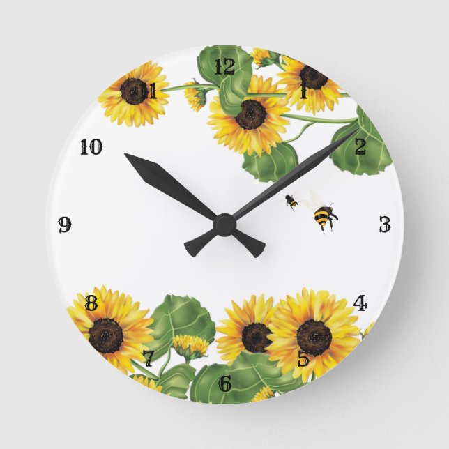 Sonnenblumengarten Honey Bee Runde Wanduhr (Vorderseite)