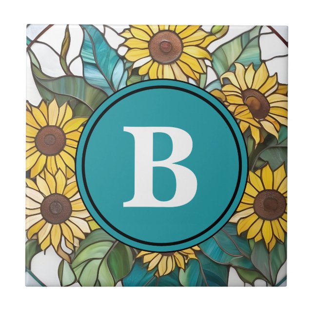 Sonnenblumengestanztes Glas Monogram Sonnenblumen Fliese (Vorderseite)