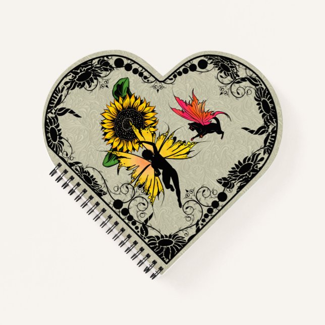 Sonnenblumenhain und Kosmische Katze Notizbuch (Vorderseite)