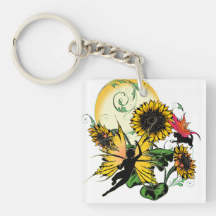 Sonnenblumenhain und Kosmische Katze Schlüsselanhänger