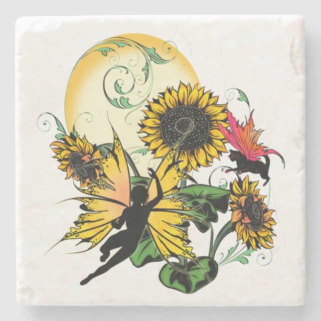 Sonnenblumenhain und Kosmische Katze Steinuntersetzer (Vorderseite)