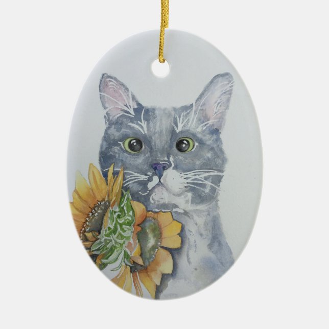 Sonnenblumenkatze Aquarellwerk Keramik Ornament (Vorne)
