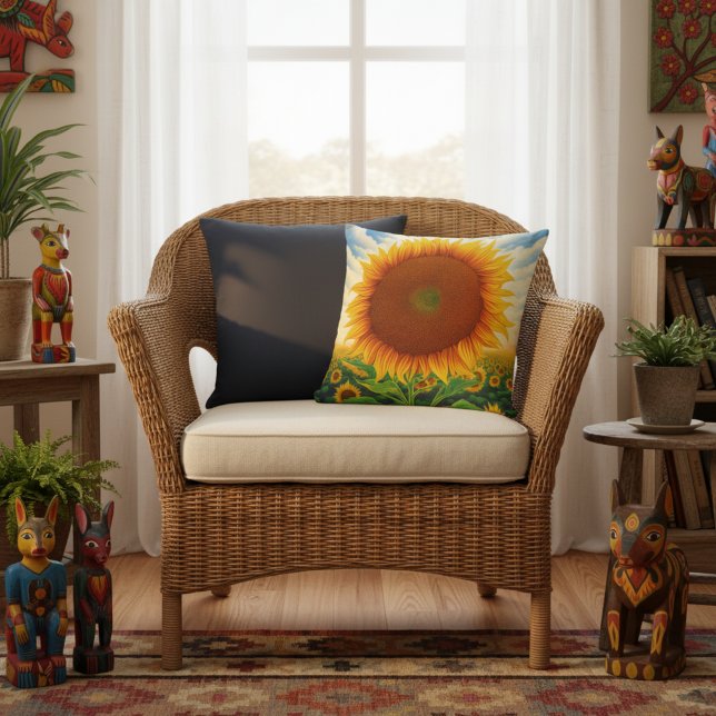 Sonnenblumenkissen im Freien - Printwerbung für wh Kissen (Large sunflower throw pillow.)