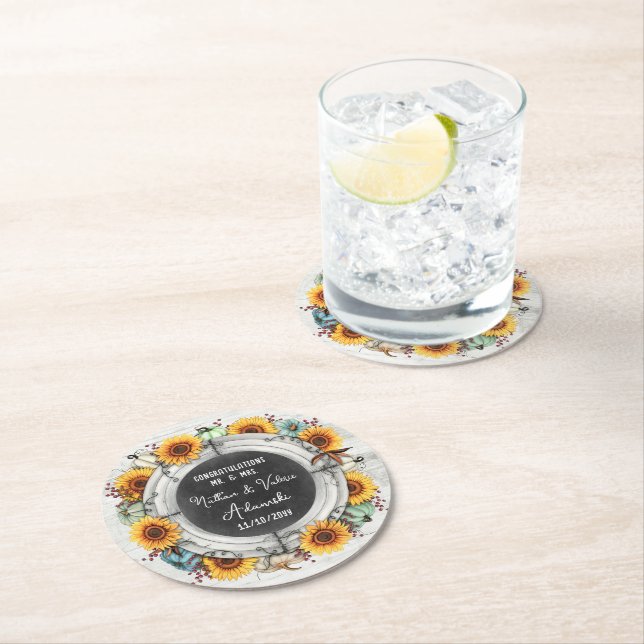 Sonnenblumenkürbis Rustikale Landfallernte Hochzei Runder Pappuntersetzer (Vor Ort)