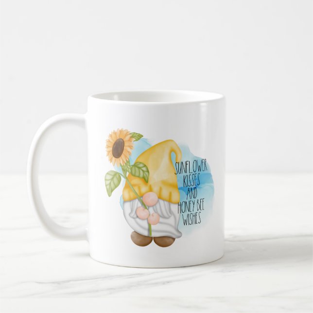 Sonnenblumenküsse und Honigbienen-Wünsche Gnome Kaffeetasse (Links)