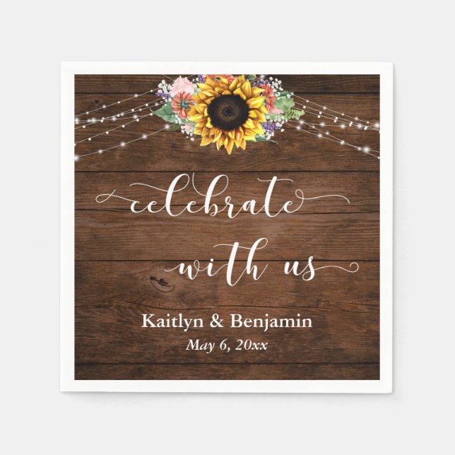 Sonnenblumenleuchten aus Braunholz feiern mit uns Serviette (Vorderseite)