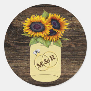 Sonnenblumenmason Jar Rustikales Holz Hochzeitskle Runder Aufkleber
