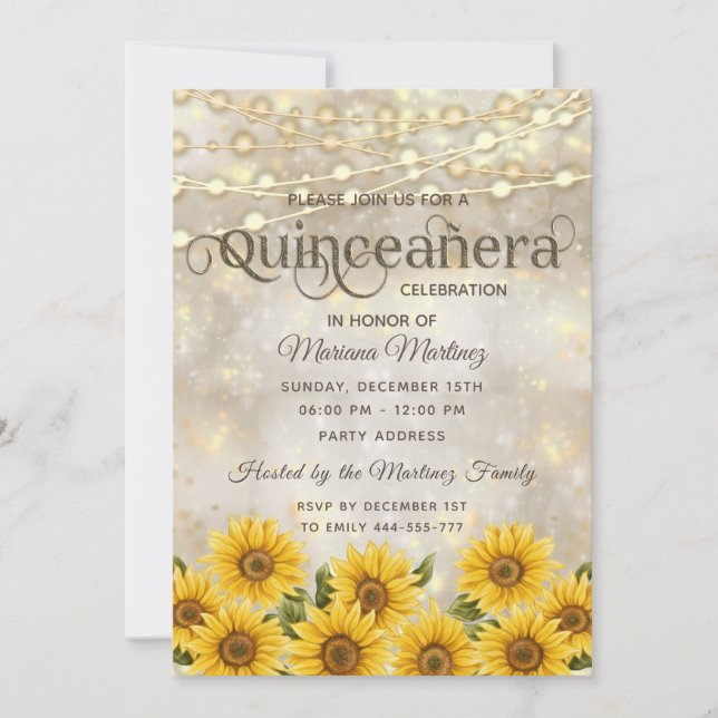 Sonnenblumenmoor-Streichlichter leuchten goldfarbe Einladung (Vorderseite)