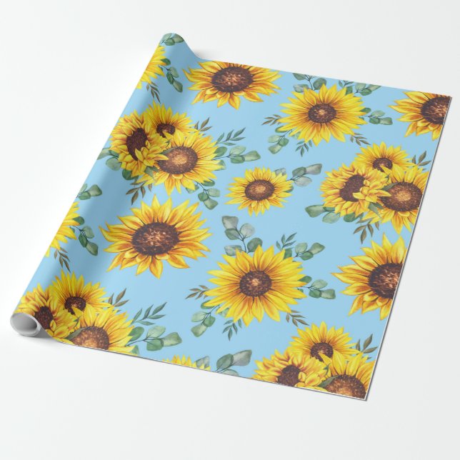 Sonnenblumenmuster auf blauem Hintergrund Geschenkpapier (Ungerollt)