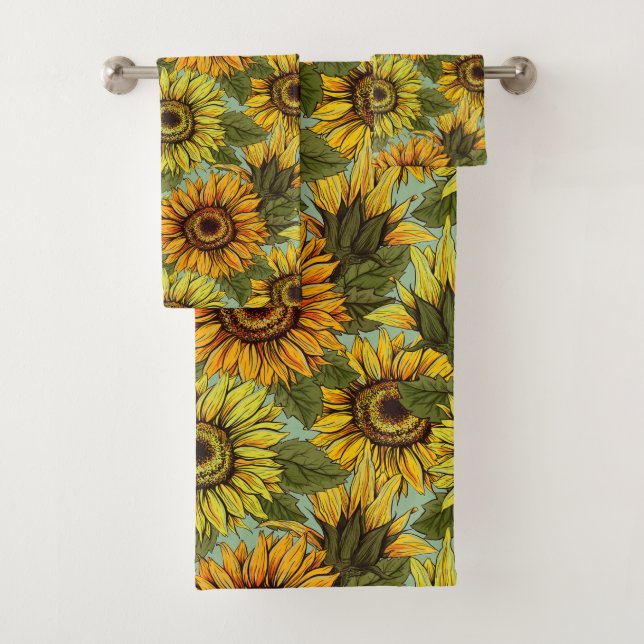 Sonnenblumenmuster mit Foliage im Hintergrund Badhandtuch Set (Insitu)