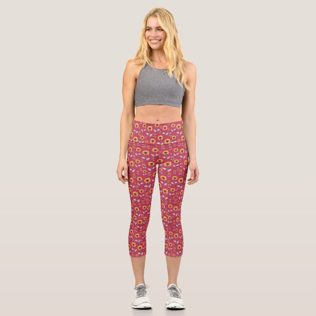 Sonnenblumenmuster - Viva Magenta Capri Leggings (Vorderseite)