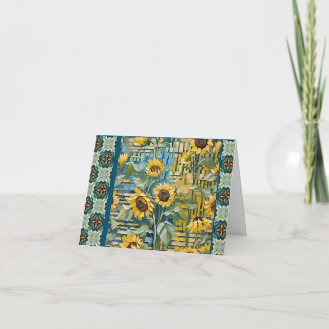 Sonnenblumennotecards, Gold und aquamarine Patchwo Dankeskarte (Vorderseite)