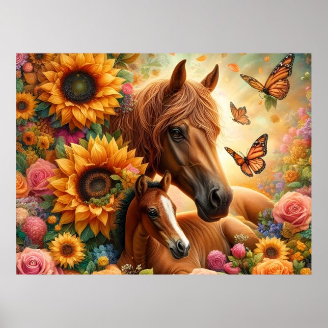Sonnenblumenpferd und Fohlen Poster (Vorne)