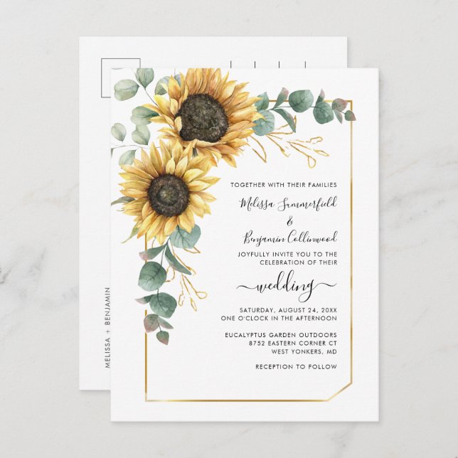 Sonnenblumenschrift Botanische Hochzeit Einladungspostkarte (Vorne/Hinten)