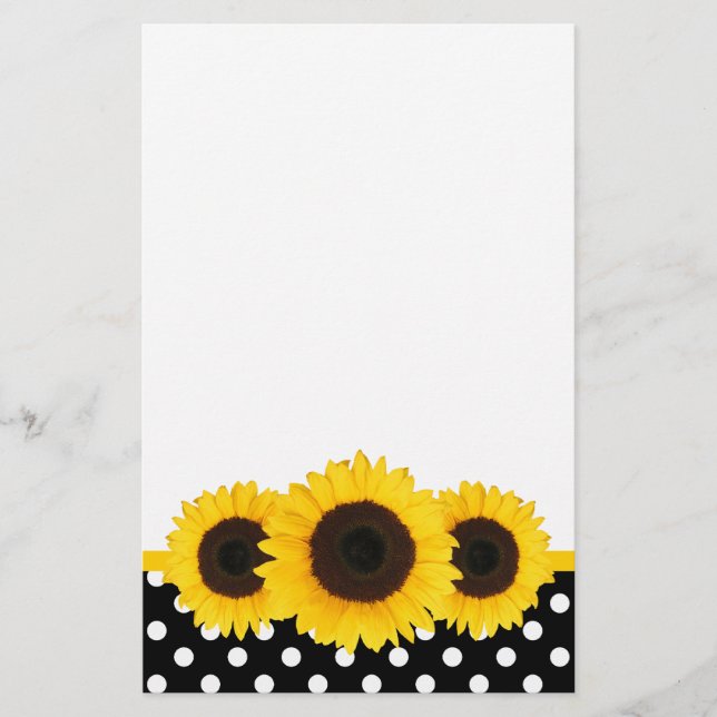 Sonnenblumenschwarz und weiße Polka-Punkte Briefpapier (Vorderseite)