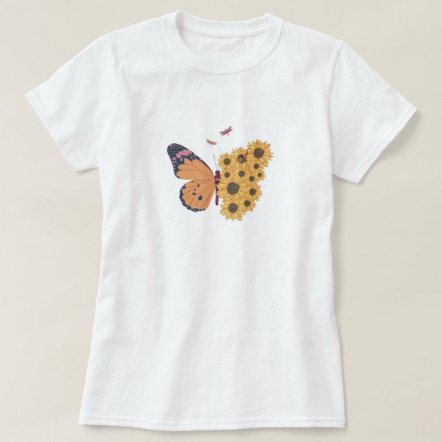 Sonnenblumenserenade mit Schmetterlingsdesign T-Shirt (Design vorne)