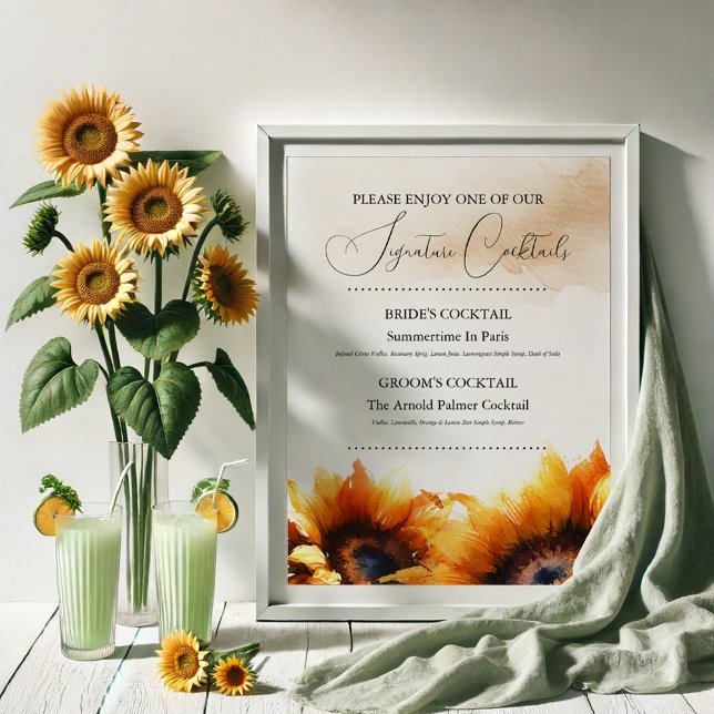 Sonnenblumensignatur Hochzeitcocktail-Zeichen Poster (sunflower wedding decor signature cocktails)